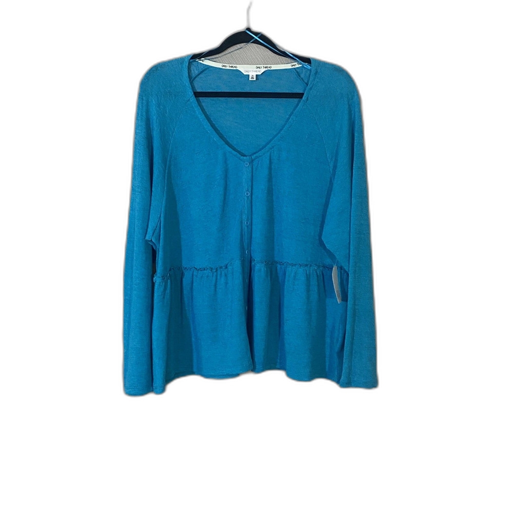 Daily Thread 1X NWT Turquoise Blue Babydoll Peplum Long Sleeve V-Neck Knit Top